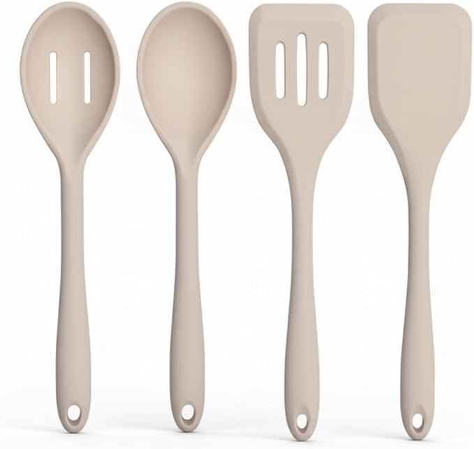 Non-Toxic Platinum Silicone Kitchen Utensil Set of 4 – Non-Scratch Cooking Spoon & Spatula, 100% Plastic Free, Stainless Steel Core, Heat Resistant 500°F, Beige