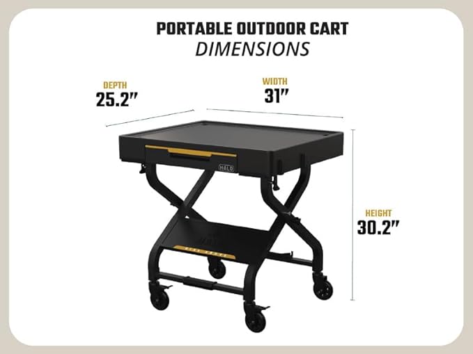 HALO Outdoor Cart | Portable Outdoor Countertop Grill Cart | Drop Down Drawer Storage | Collapsible | Tank Storage