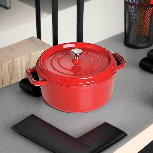 STAUB Cast Iron Dutch Oven 5.5-qt Round Cocotte, Made in France, Serves 5-6, Cherry