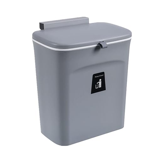 TOPROAD Kitchen Hanging Trash Can, 2.4 Gallon Wall Mounted Counter Waste Compost Bin, Small Garbage Can with Lid for Cupboard/Bathroom/Bedroom/Office/Camping/Under Sink(Grey)