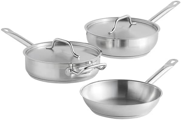 SS1 Series 5-Piece Induction Ready Cookware Set, Stainless Steel with Aluminum-Clad Bottom, 3 Qt Saucier, 3 Qt Saute Pan, 9.5 Inch Fry Pan, Silver, NSF Listed
