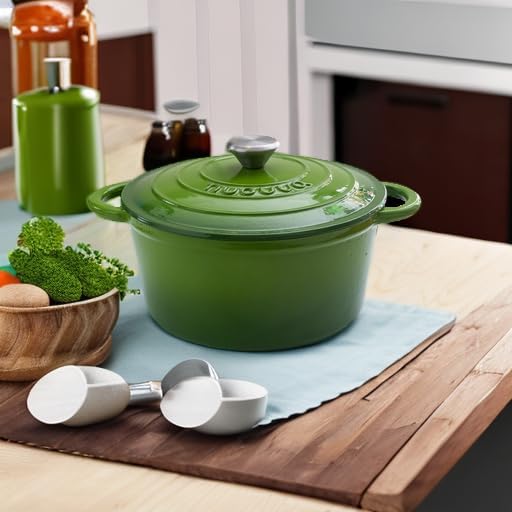 Cast Iron Pot with Lid – Non-Stick Ovenproof Enamelled Casserole Pot, Oven Safe up to 500° F – Sturdy Dutch Oven Cookware – Green, 5-Quart, 24cm – by Nuovva