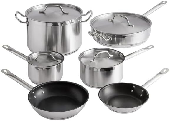 SS1 Series 10-Piece Induction Ready Stainless Steel Cookware Set, Silver, 21/22 Gauge with Aluminum Core, 2-12 Qt Capacity, NSF Listed, Includes Sauce Pans, Fry Pans, Stock Pot