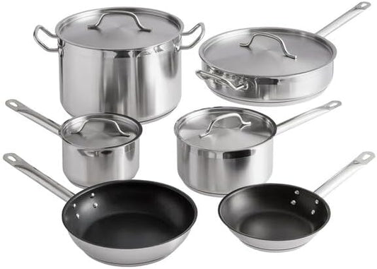 SS1 Series 10-Piece Induction Ready Stainless Steel Cookware Set, Silver, 21/22 Gauge with Aluminum Core, 2-12 Qt Capacity, NSF Listed, Includes Sauce Pans, Fry Pans, Stock Pot
