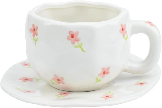 Koythin Ceramic Coffee Mug with Saucer Set, Cute Pink Small Flower Cup Unique for Office and Home, 10 oz/300 ml for Latte Tea Milk
