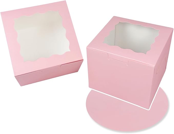 Bakepacker 36pcs 6x6x5 Inches Cake Boxes With Window - 18-Pack Pink Bakery Boxes With 18 Cake Boards Included