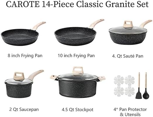 CAROTE 14Pcs Pots and Pans Set Non Stick, Cookware Sets Induction Cookware Granite Cooking Set with Frying Pans, Saucepans, Saute Pan, Extra Large Casserole