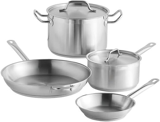 SS1 Series 6-Piece Induction Ready Stainless Steel Cookware Set, Silver, 4mm Aluminum-Clad Bottom, with 4 Qt Sauce Pan, 12" and 8" Fry Pans, 8 Qt Stock Pot