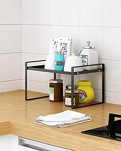 2 Pack Kitchen Cabinet Shelf Counter Organizer Rack Pantry Storage Bathroom Bedroom Office Table Desk Space Saving Steel Frame Stackable Rust Resistant Non Slip Black