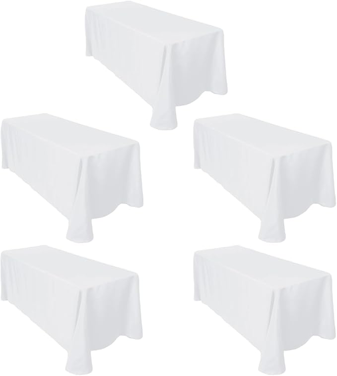LTC LINENS 5-Pack White Rectangular Tablecloths 90 in x 132 in with Rounded Corners - Ideal for 6 ft Table with Floor-Length Drop - Polyester Fabric Cloth Table Covers for Wedding, Party