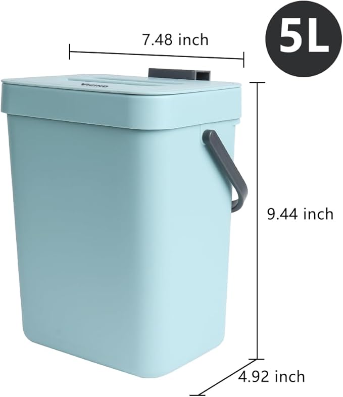 Hanging Small Trash Can with Lid Under Sink for Kitchen, 5 L/ 1.3 Gallons Plastic Waste Basket,Food Waste Bin,Kitchen Compost Bin for Counter Top,Bathroom/Office (Blue)