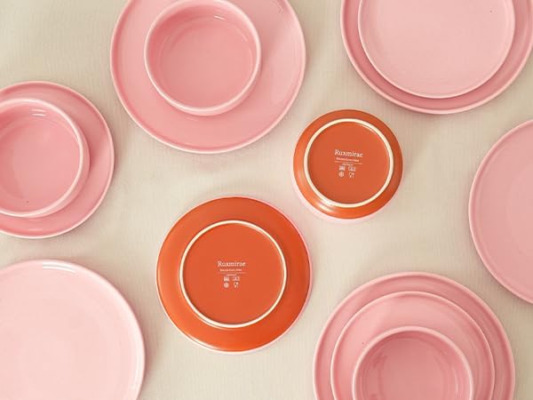 6 Piece Ceramic Dinnerware Set for 2, Modern Minimalist Stoneware Dinner Plates and Bowls, Microwave Safe, Dishwasher Safe, Versatile for All Seasons, Pink