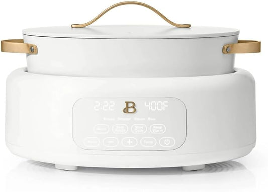 Beautiful 10-in-1 Electric Multi-Cooker by Drew Barrymore, 6-quart, digital display, 10 cooking functions, non-stick pot, easy one-touch control (White Icing)