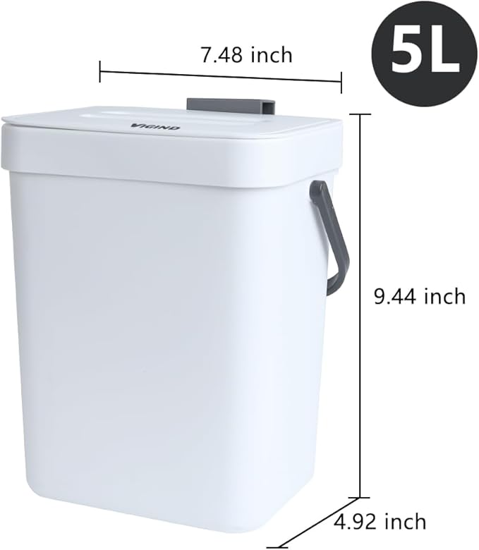 Hanging Small Trash Can with Lid Under Sink for Kitchen, 5 L/ 1.3 Gallons Plastic Waste Basket,Food Waste Bin,Kitchen Compost Bin for Counter Top,Bathroom/Office (White)