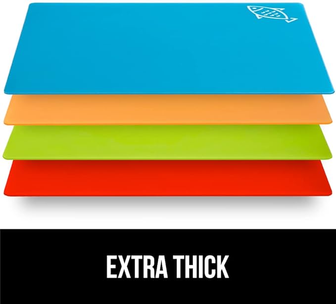 GORILLA GRIP 100% BPA-Free Flexible Cutting Board Set of 4, Durable Plastic Mats with Food Icons for Meal Prepping, Large Kitchen Chopping Mat, Use for Meat Fish Vegetables Fruit, 15x12, Multicolor
