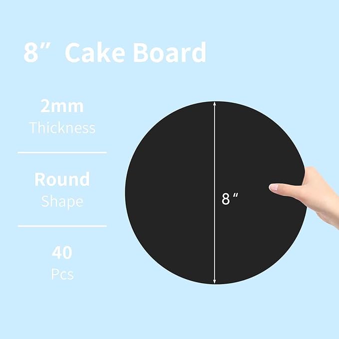 JCD 8" Black Cakeboard Round,Disposable Cake Circle Base Boards Cake Cardboard Pizza Plate Platter 8 inch,Pack of 40-Thinner But Stronger(Black, 8inch/40Pcs)