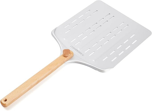 Perforated Pizza Peel, 12 inch Anodized Aluminum Pizza Spatula Paddle with Foldable Wood Handle, Lightweight Pizza Turning Peel for Baking Bread, Easy Storage Pizza Oven Accessories Tools
