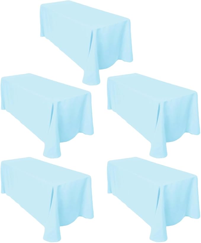 LTC LINENS 5-Pack 90x132 Inch Baby Blue Rectangular Tablecloths - Rounded Corners Table Cloths for 6 ft Tables Floor-Length Drop - Polyester Fabric Cloth Table Covers for Wedding, Baby Shower