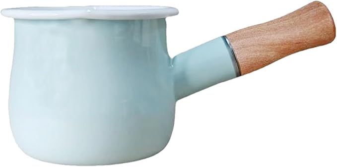 0.6qt Mini Enamel Milk Pot Insulated Wooden Handle 2 Pour Spouts Small Food Warmer Cute Saucepan (D015,Mint Green)