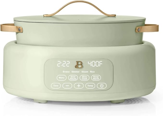 Beautiful 10-in-1 Electric Multi-Cooker by Drew Barrymore, 6-quart, digital display, 10 cooking functions, non-stick pot, easy one-touch control (Sage Green)
