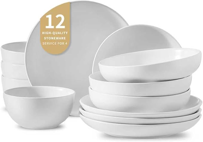 Stoneware plates and bowls sets, 12 Pieces Dinnerware Sets, Dishes Set for 4,Kitchen Essential of Scratch-Resistant Ceramic Plates Set, Microwave and Dishwasher Safe Tableware- Matte white