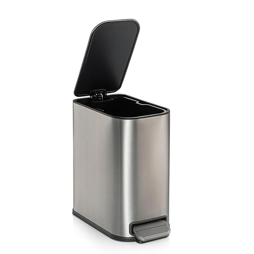 RED FACTOR Slim 1.3 Gallon Stainless Steel Pedal Trash Can with Soft Close Lid for Narrow Spaces – Small Wastebasket Bin with Removable Inner Bucket (Metallic Grey)