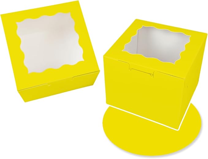 Bakepacker 36pcs 6x6x5 Inches Cake Boxes with Window 18-Packs Yellow Cake Boxes 6 Inch Bakery Boxes (18 Cake Boxes +18 Cake Boards Included)