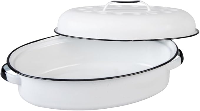 Granite Ware 15 inch oval roaster with Lid (Speckled White) enameled steel design to accommodate up to 10 lb poultry/roast. Resists up to 932°F