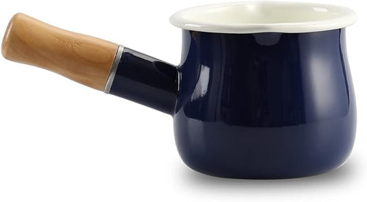 0.6qt Mini Enamel Milk Pot Insulated Wooden Handle 2 Pour Spouts Small Food Warmer Cute Saucepan(D015,Blue) …