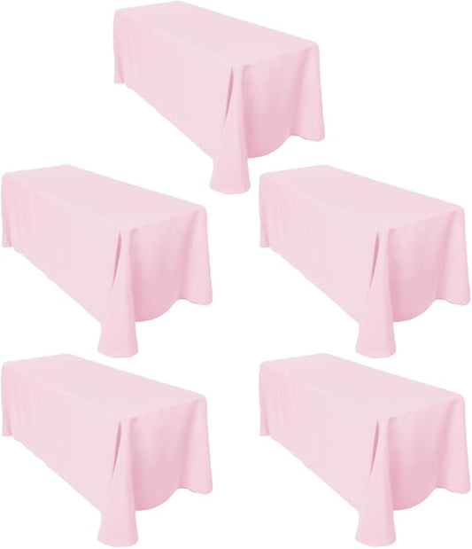 LTC LINENS 5-Pack 90x132 Inch Pink Rectangular Tablecloths - Rounded Corners Table Cloths for 6 ft Tables Floor-Length Drop - Polyester Fabric Cloth Table Covers for Wedding, Baby Shower