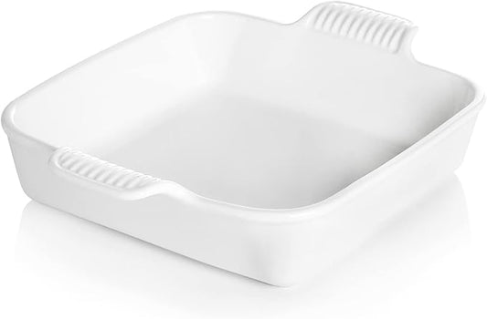 Sweejar Ceramic Baking Dish, 9 x 9 Cake Baking Pan for Brownie, Porcelain Square Bakeware with Double Handle for Casserole, Lasagna, Family Dinner (White)