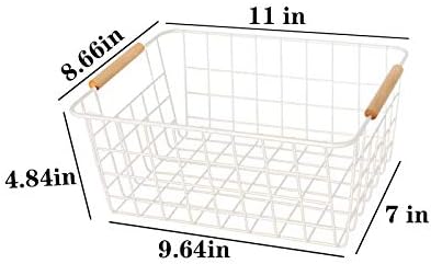 LeleCAT white wire baskets for organizing with Wooden Handles Storage Organizer Baskets, Household snack basket for Cabinets, Pantry, Closets, Bedrooms, pantry organizers and storage - Set of 2（White）