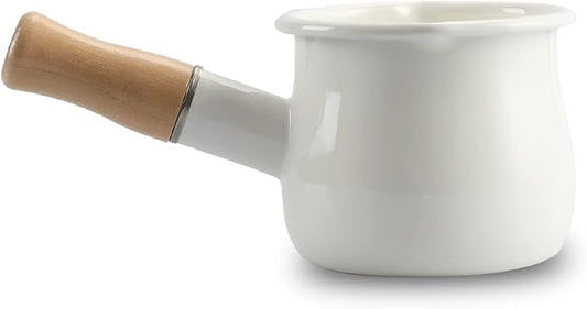 0.6qt Mini Enamel Milk Pot Insulated Wooden Handle 2 Pour Spouts Small Food Warmer Cute Saucepan(D015,White)