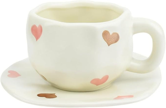 Koythin Ceramic Coffee Mug with Saucer Set, Cute Love Cup Unique for Office and Home, 10 oz/300 ml for Latte Tea Milk