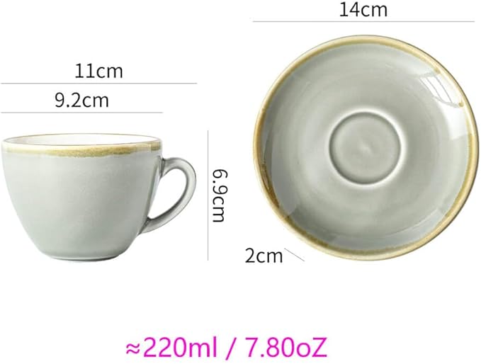 SHUER Ceramic Latte Coffee Cup Set of 4, 7.8 Oz Tea Cup and Saucers Sets,Glaze Americano Cups and Macchiato Coffee Cups,Low Tea Time Mug Set Great for Party (Light Cyan 220ML)
