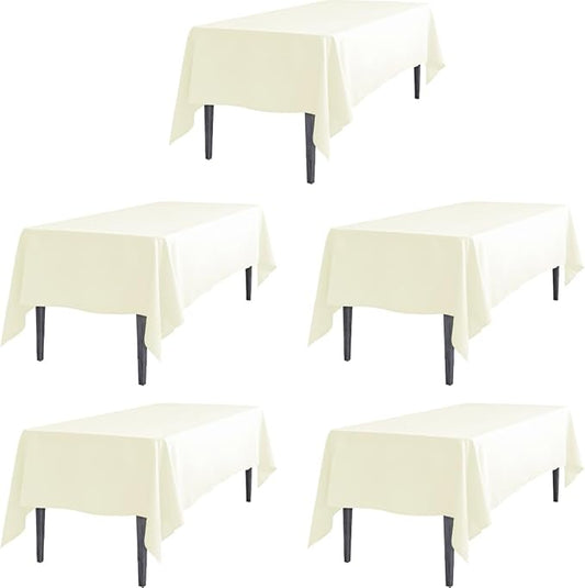 LTC LINENS 5 Pack Ivory Rectangular Tablecloths 60 x 126 Inch for 8 Feet Rectangle Banquet Tables with Half-Drop - Stain and Wrinkle Resistant Polyester Fabric Cloth Table Covers for Party, Wedding