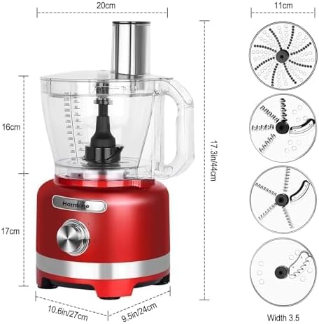 Homtone 16 Cup Food Processor, French-Fry-Cutter Food Processors, 9 Functions 7 Blades for Shredding, Slicing, Doughing, Emulsfying and Meat Vegetable Chopping for Home Use, 3 Speeds, 600W, Red