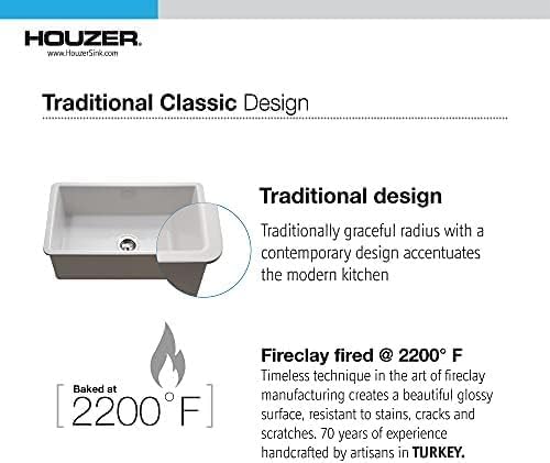 Houzer Platus White Fireclay Kitchen Sink: 32 Inch Undermount Single Bowl Kitchen Sink, Durable & Versatile, Essential for Home & Apartment: PTU-3600 WH
