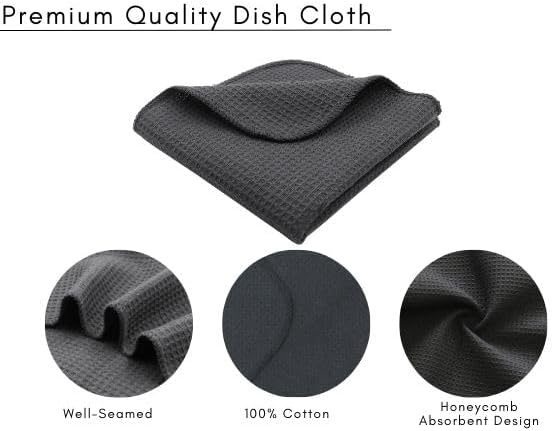 PurpleEssences Dish Cloths and Dish Rags - 6 Pack Waffle Weave Solid Kitchen Dish Wash Cloths, 100% Cotton, 12 x 12 Inches, Ultra Soft Absorbent Quick Drying - Christmas Holiday Winter - Dark Grey