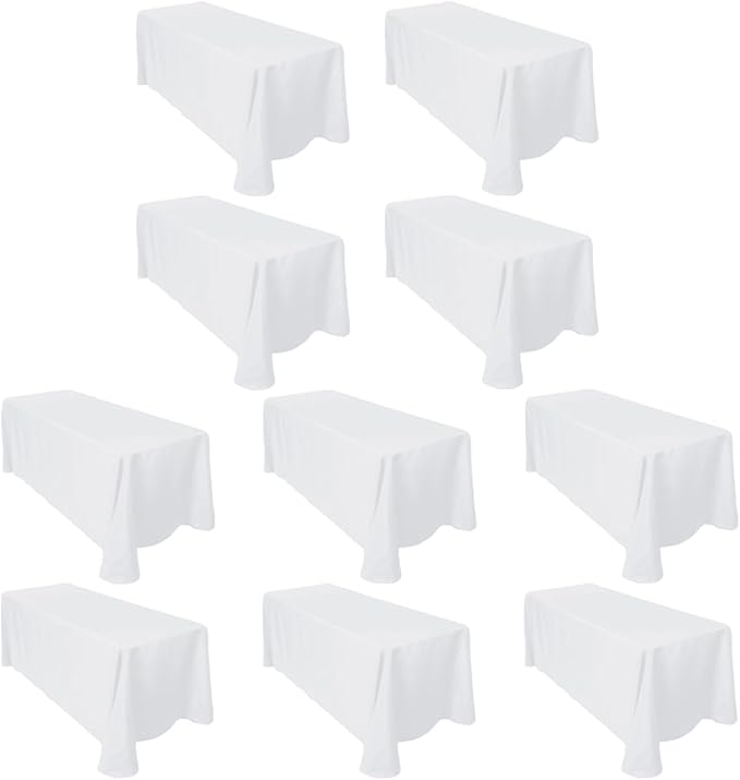 LTC LINENS Bulk 10-Pack White Rectangular Tablecloths 90 in x 156 in with Rounded Corners - Ideal for 8 ft Tables with Floor-Length Drop - Polyester Fabric Cloth Table Covers for Wedding, Party