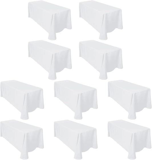 LTC LINENS Bulk 10-Pack White Rectangular Tablecloths 90 in x 156 in with Rounded Corners - Ideal for 8 ft Tables with Floor-Length Drop - Polyester Fabric Cloth Table Covers for Wedding, Party