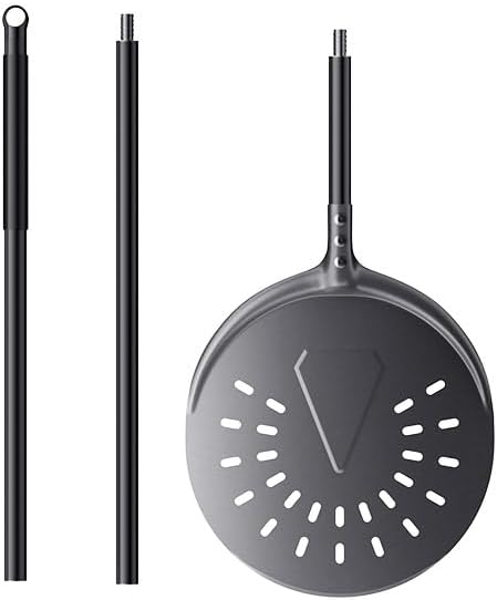 Turning Pizza Peel, 9 Inch Aluminum Perforated Peel with Detachable 33 or 48 Inch Long handle, Lightweight Pizza Paddle for Baking Homemade Pizza Bread