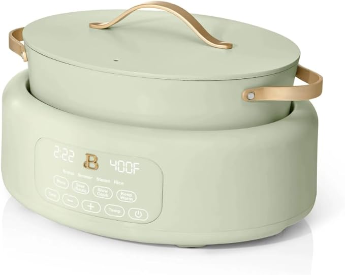 Beautiful 10-in-1 Electric Multi-Cooker by Drew Barrymore, 6-quart, digital display, 10 cooking functions, non-stick pot, easy one-touch control (Sage Green)