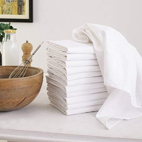 DG Collections 100% Cotton Flour Sack Towels – 12 Pack, 18x28 Inches, White, Lint-Free, Pre-Washed, Hemmed Edges – Reusable Kitchen Towels for Cleaning, Embroidery, Printing & Crafts - White