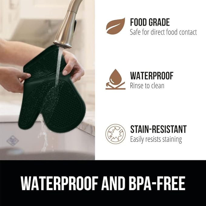 GORILLA GRIP BPA-Free Soft Silicone Oven Mitts, Heat Resistant and Waterproof Cooking Gloves, Thick Cotton Lining, Flexible Gripping for Baking Grilling, Kitchen Potholders Set, 12.5x8.3, Hunter Green