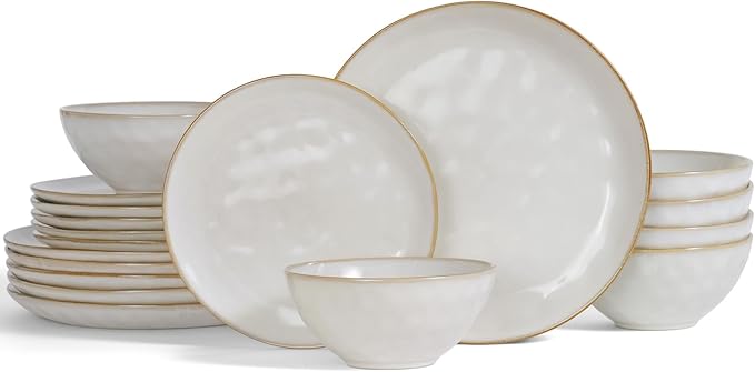 Famiware Ocean Round Plates and Bowls Set, 18 Pieces Dinnerware Sets, Dishes Set for 6, Reactive Glaze, Microwave and Dishwasher Safe, Scratch Resistant, Cappuccino White