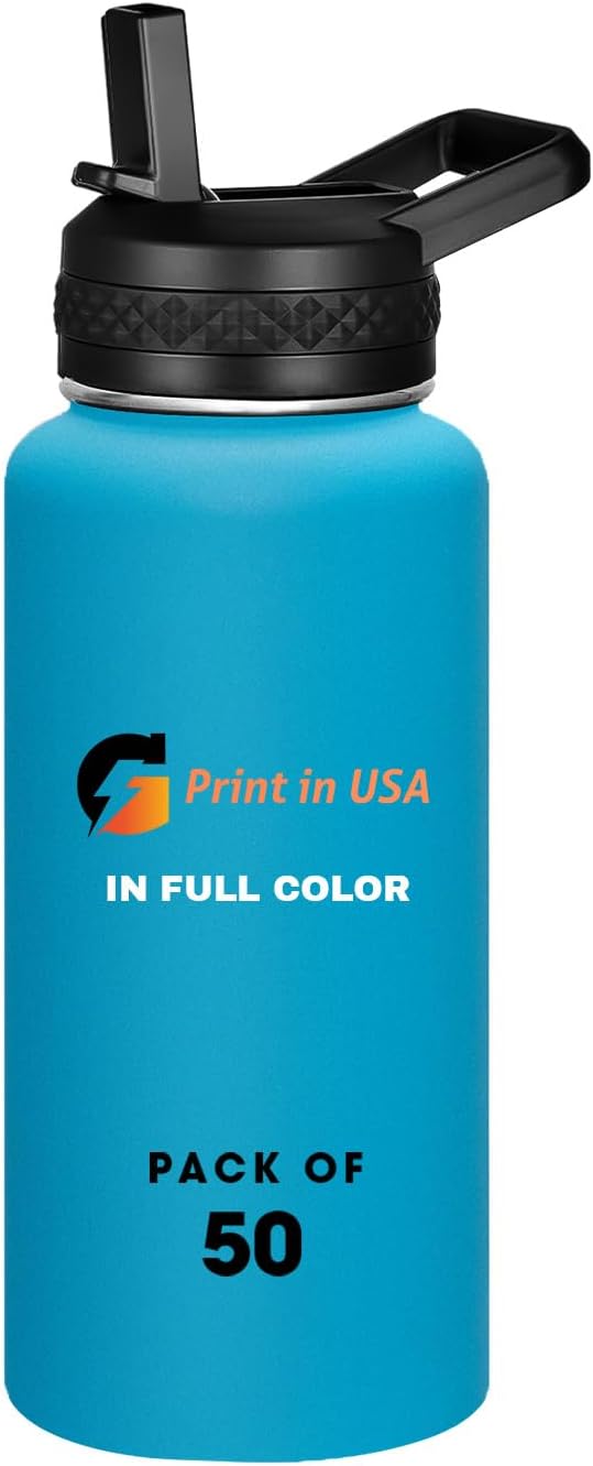 Personalized Custom Print in USA Water Bottle 50Pcs 32oz Stainless Steel Double Wall Coffee Cup with Lid & Straw Insulated Tumbler with Colorful Text Logo Photo