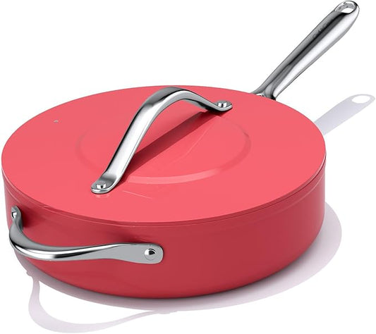 Nonstick Ceramic Sauté Pan with Lid (4.5 qt, 11") Deep Frying Pan for All Cooktops Non Toxic Skillet PTFE/PFAS Free Dishwasher & Oven Safe up to 500°F w/Stainless Steel Handle, Fusion Red