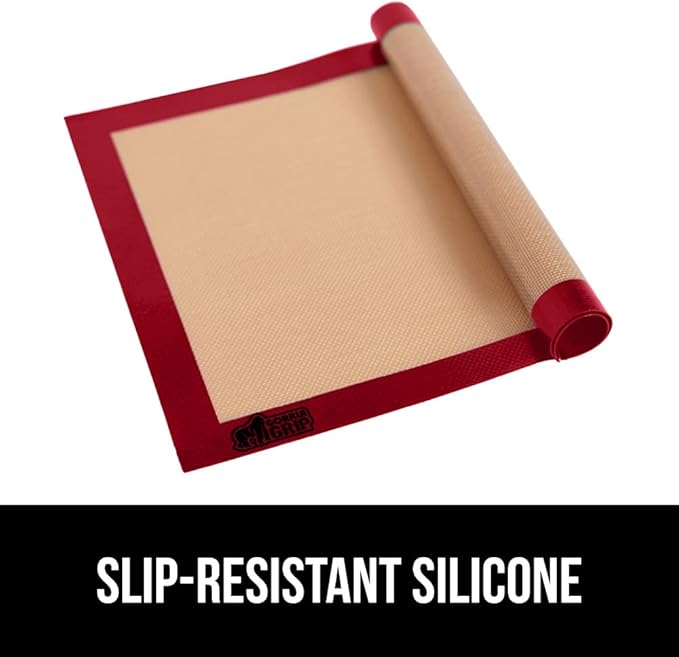 GORILLA GRIP Reusable Nonstick Silicone Baking Mat, 2-Pack, BPA-Free Oven Safe Food Liner for Toaster Ovens, Mini Cookie Sheets, Easy Clean, Holiday Baking Essentials, 11.75x8.25, Quarter Sheet, Red
