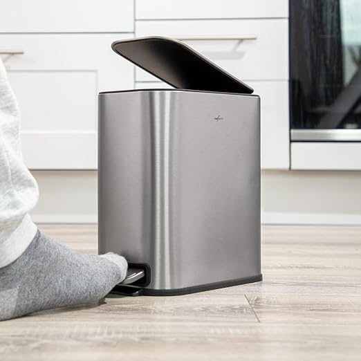 RED FACTOR Slim 1.3 Gallon Stainless Steel Pedal Trash Can with Soft Close Lid for Narrow Spaces – Small Wastebasket Bin with Removable Inner Bucket (Metallic Grey)